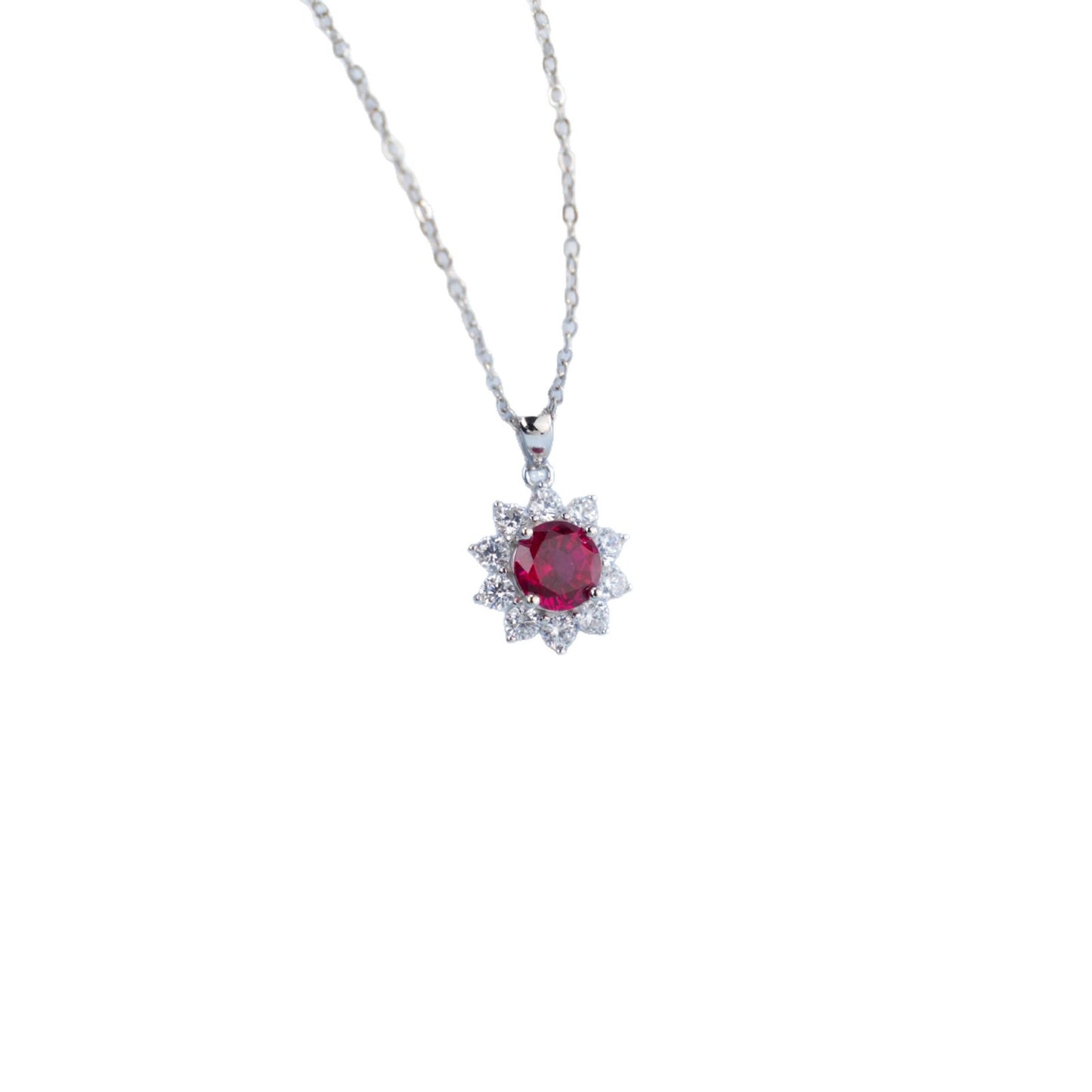 S925 Silver Pigeon Blood Ruby Necklace, Sunflower Halo Pendant - Photo 5
