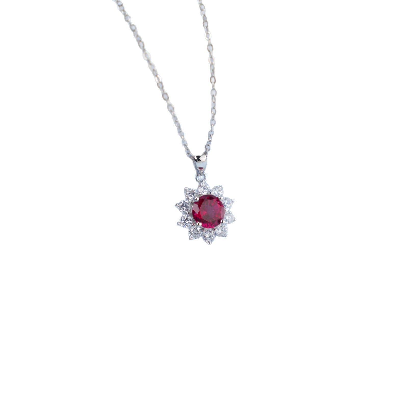 S925 Silver Pigeon Blood Ruby Necklace, Sunflower Halo Pendant - Photo 5