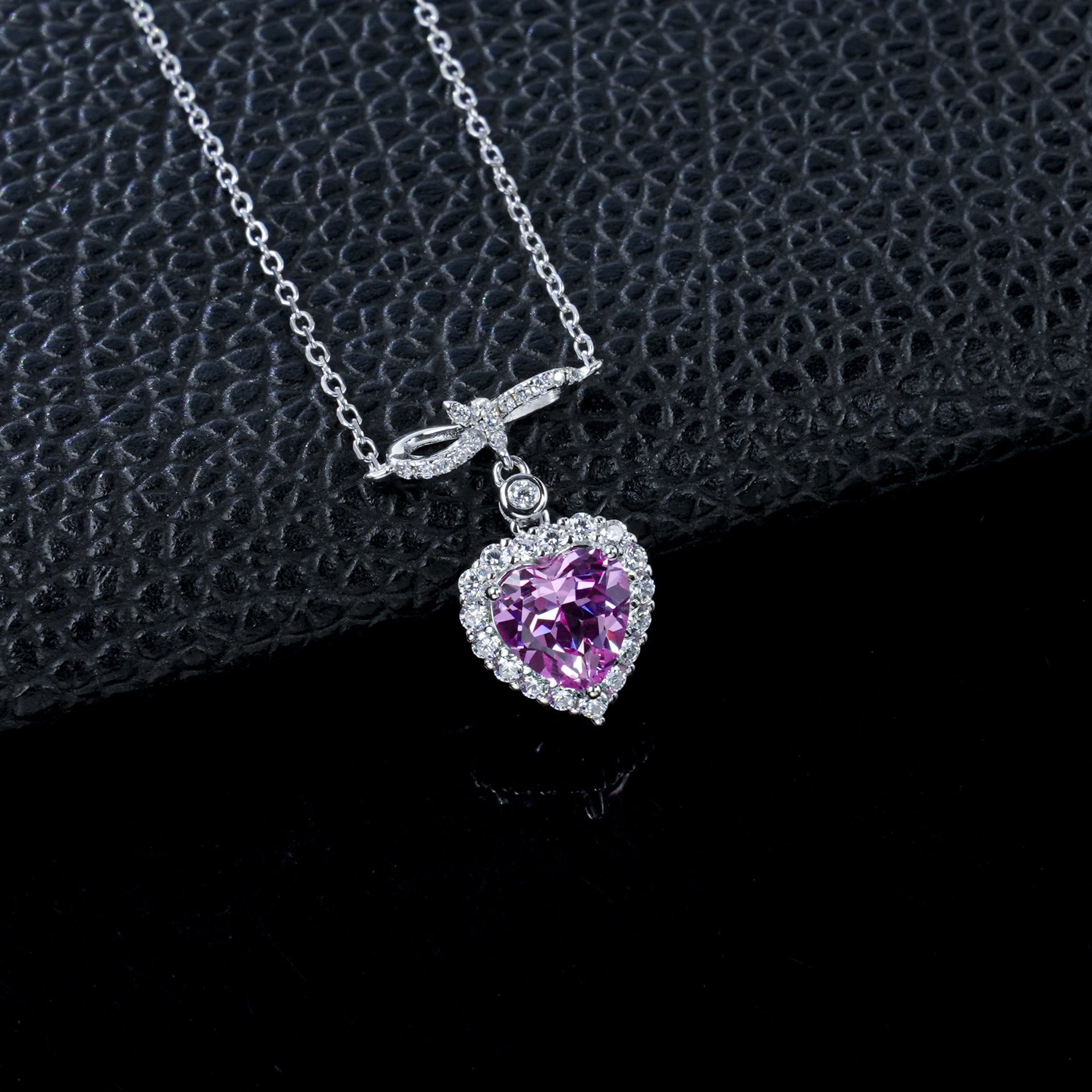 S925 Silver Heart Lab Pink Sapphire Necklace, Full Diamond Halo - Photo 2