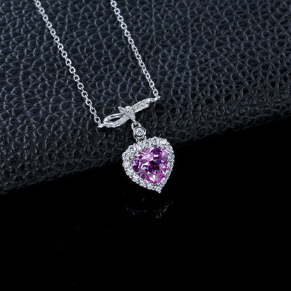 S925 Silver Heart Lab Pink Sapphire Necklace, Full Diamond Halo - Photo 2