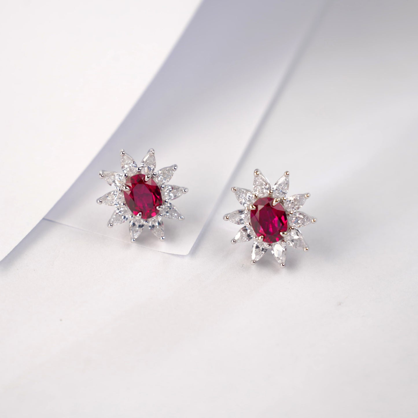 S925 Sterling Silver Lab Pigeon Blood Ruby Sunflower colourful Halo Stud Earrings, Premium for Women - Photo 3