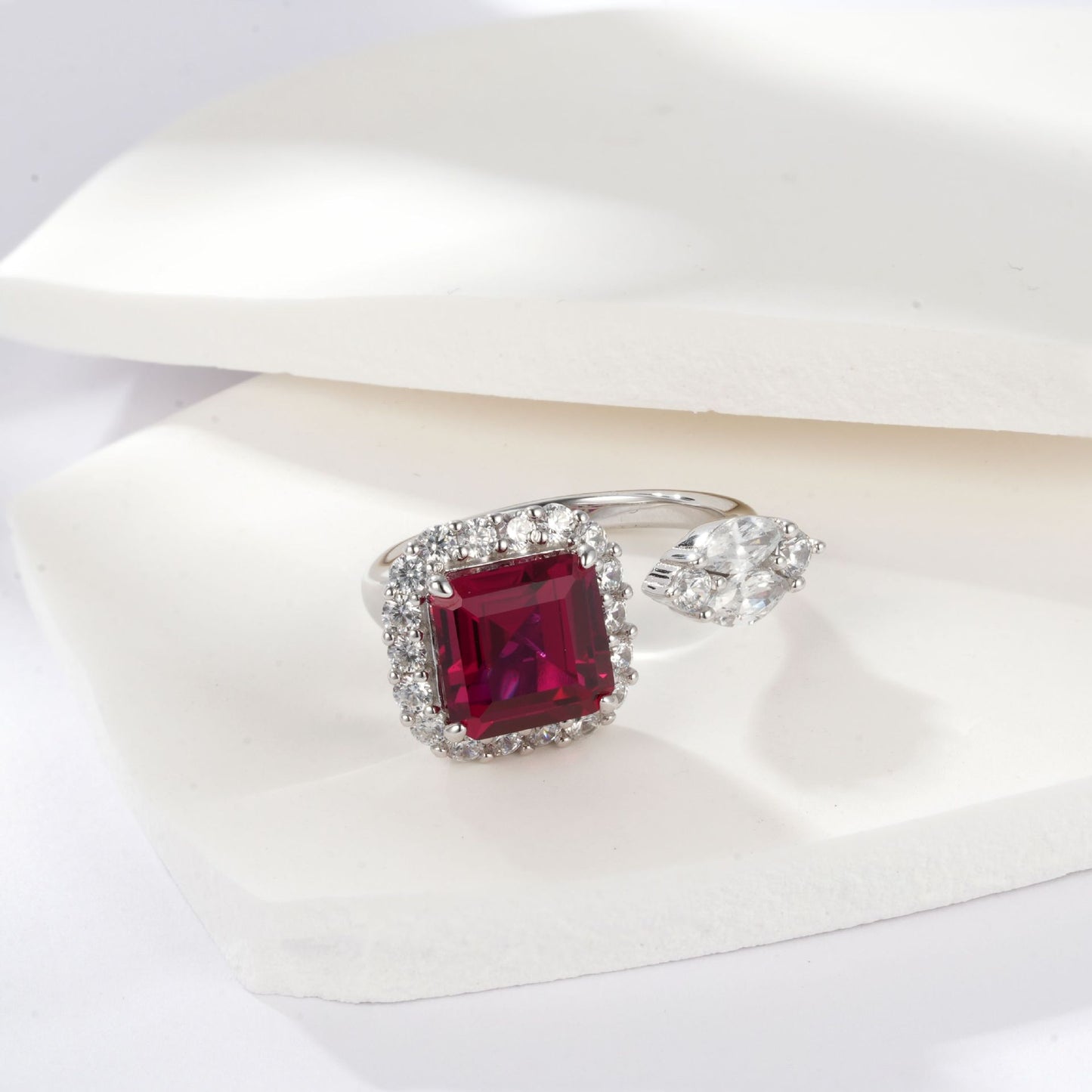 S925 Sterling Silver Lab Ruby Ring Square Halo Teardrop Diamond Two-Stone Design Premium - Photo 2