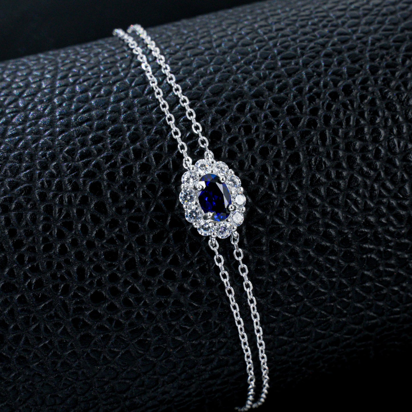 S925 Silver Double-Layer Slim Chain Oval Lab Sapphire Diana Halo Bracelet, Versatile Slim - Photo 2