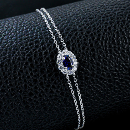 S925 Silver Double-Layer Slim Chain Oval Lab Sapphire Diana Halo Bracelet, Versatile Slim - Photo 2