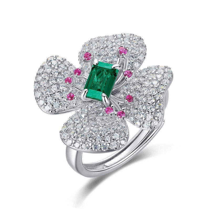 S925 Sterling Silver Gemstone Flower Ring, Designer Versatile Premium - Photo 5