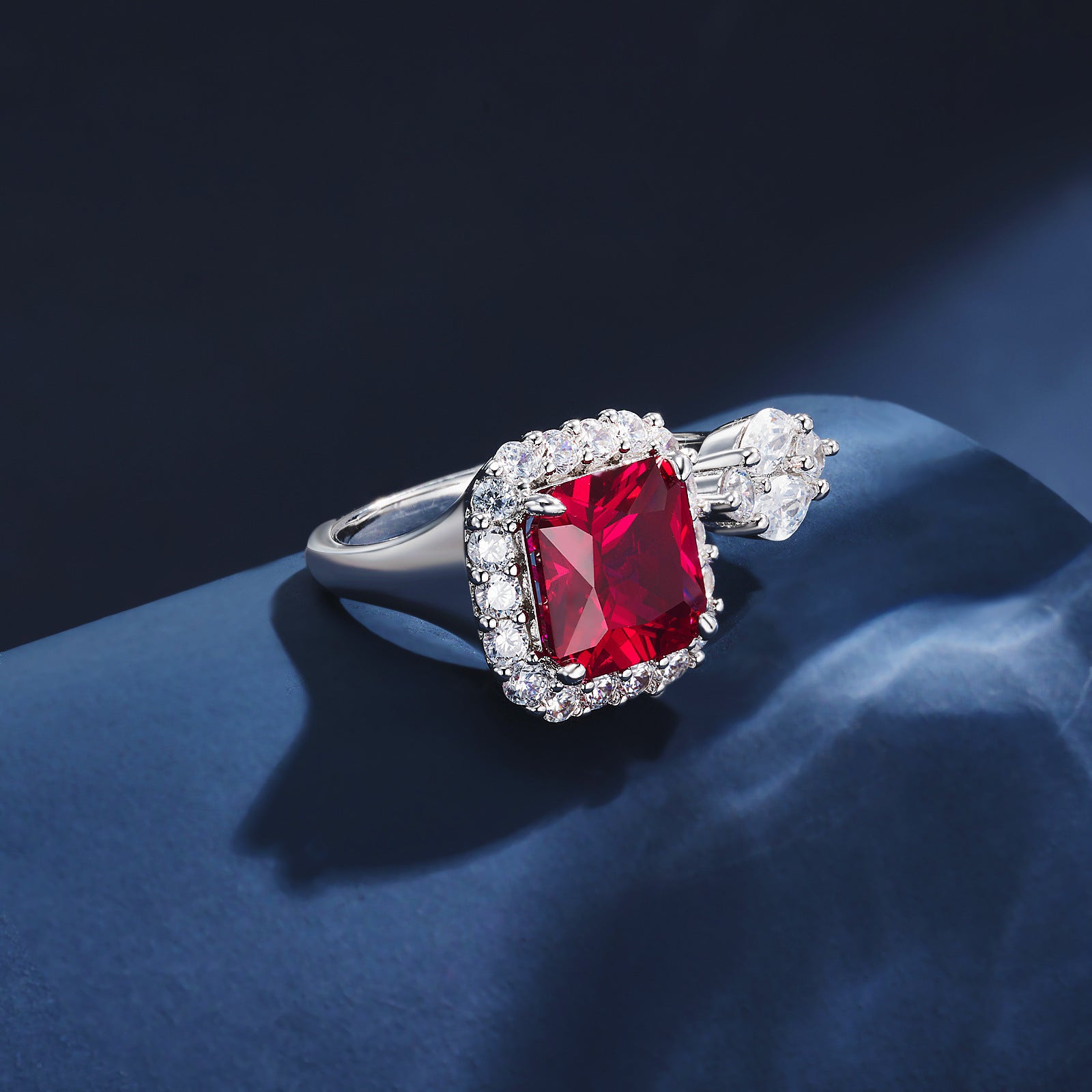 S925 Sterling Silver Lab Ruby Ring Square Halo Teardrop Diamond Two-Stone Design Premium - Photo 3