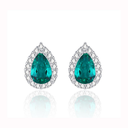 S925 Sterling Silver Lab Emerald Pave Stud Earrings, Unique Versatile Minimalist - Photo 1