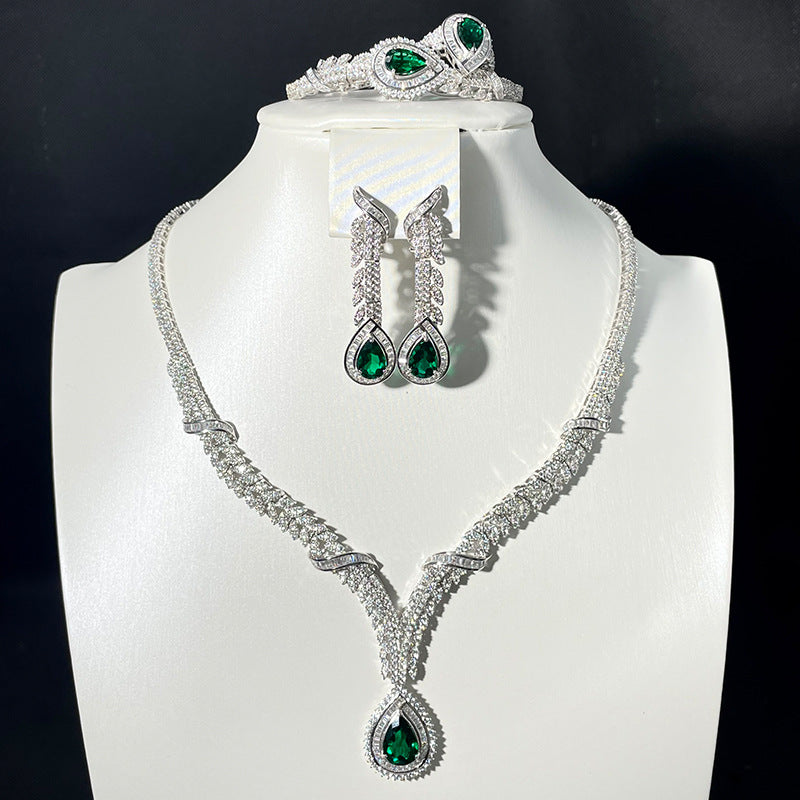 S925 Silver Emerald Teardrop Y-Shaped Layered Necklace, Versatile Vintage Wedding - Photo 4