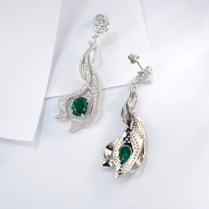S925 Sterling Silver Lab Emerald Earrings, Vintage Sparkling Diamond - Photo 5
