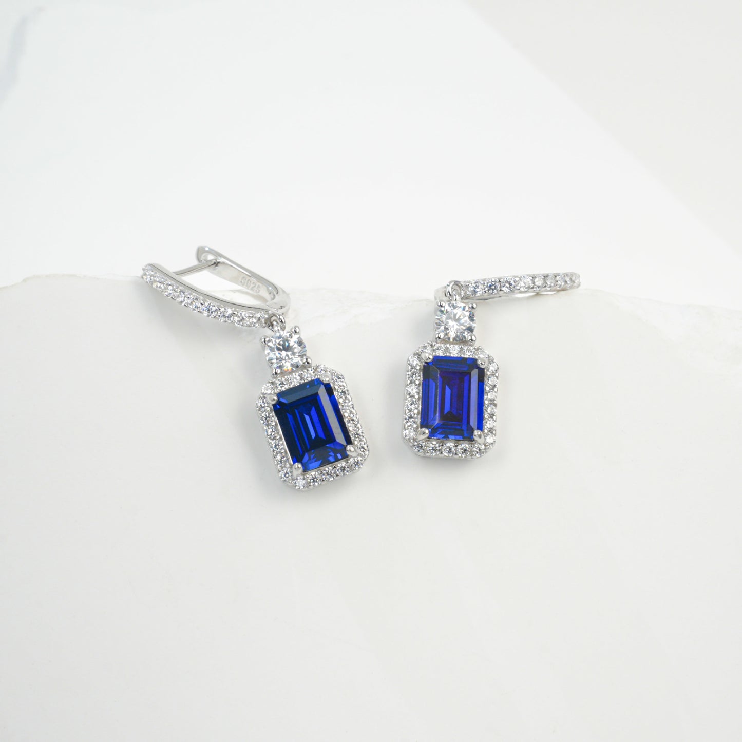 S925 Silver Lab Sapphire Drop Earrings, Diamond Halo Evening - Photo 3