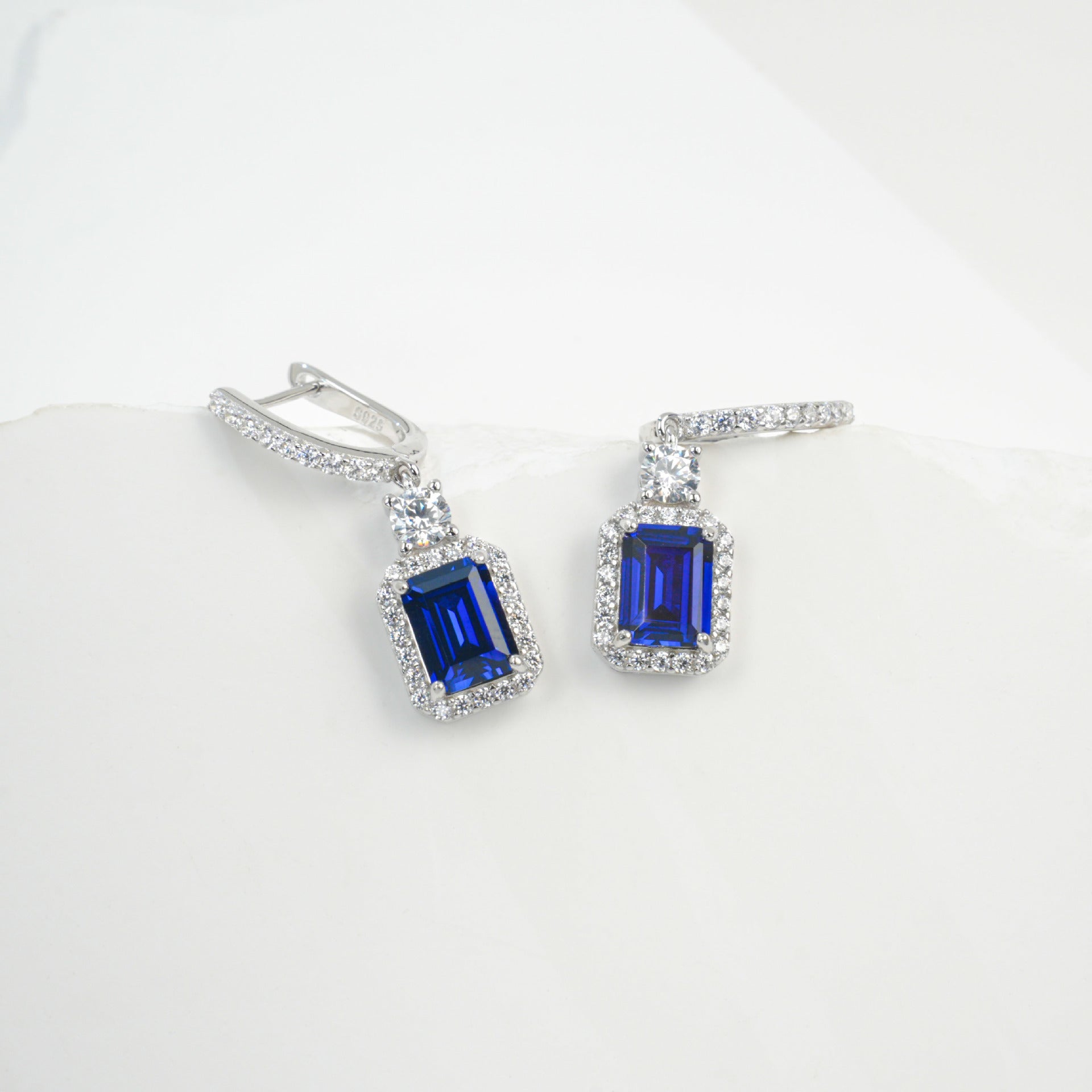 S925 Silver Lab Sapphire Drop Earrings, Diamond Halo Evening - Photo 3