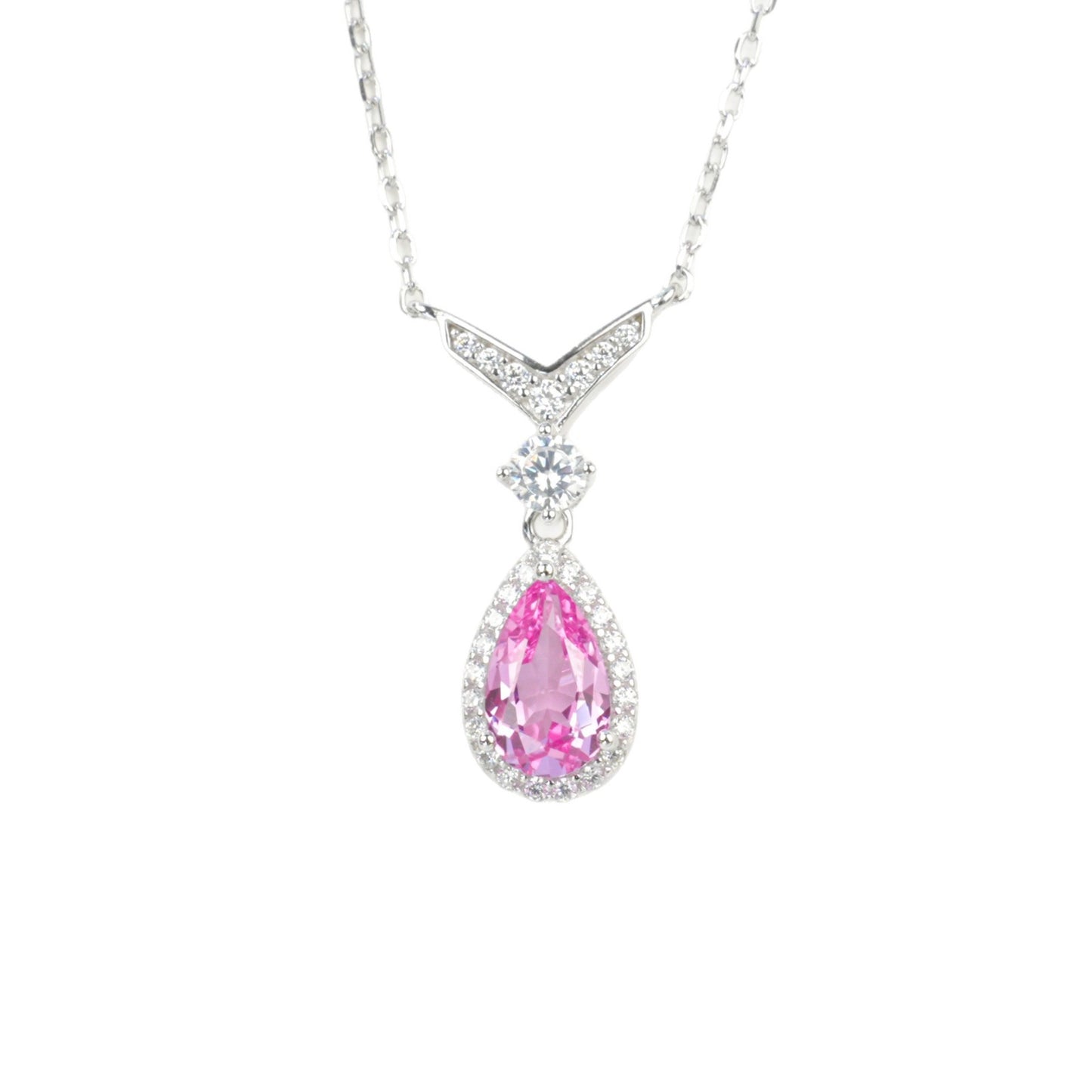 S925 Sterling Silver Lab Padparadscha Teardrop V-Shape Pave Pendant Necklace, Date for Women - Photo 5