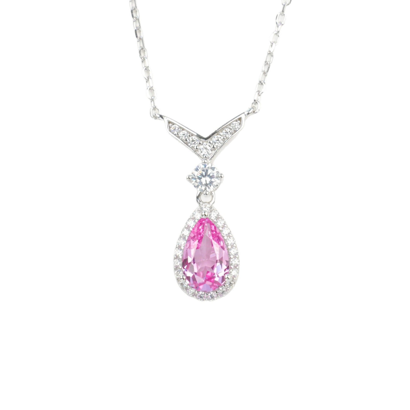 S925 Sterling Silver Lab Padparadscha Teardrop V-Shape Pave Pendant Necklace, Date for Women - Photo 5
