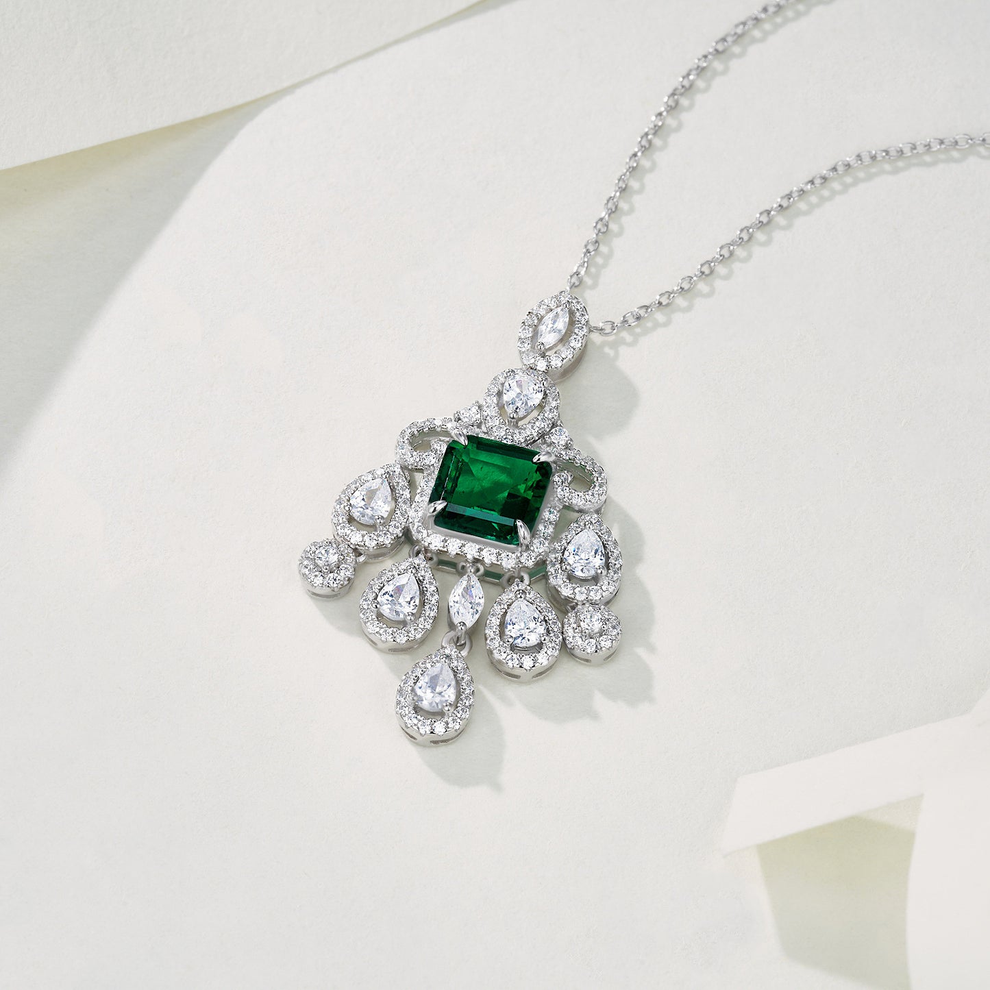 Lab Emerald S925 Necklace, Full Diamond Teardrop - Photo 4