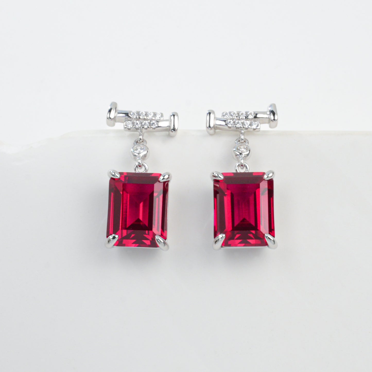 S925 Sterling Silver Lab Ruby Rectangular Earrings, Premium - Photo 5