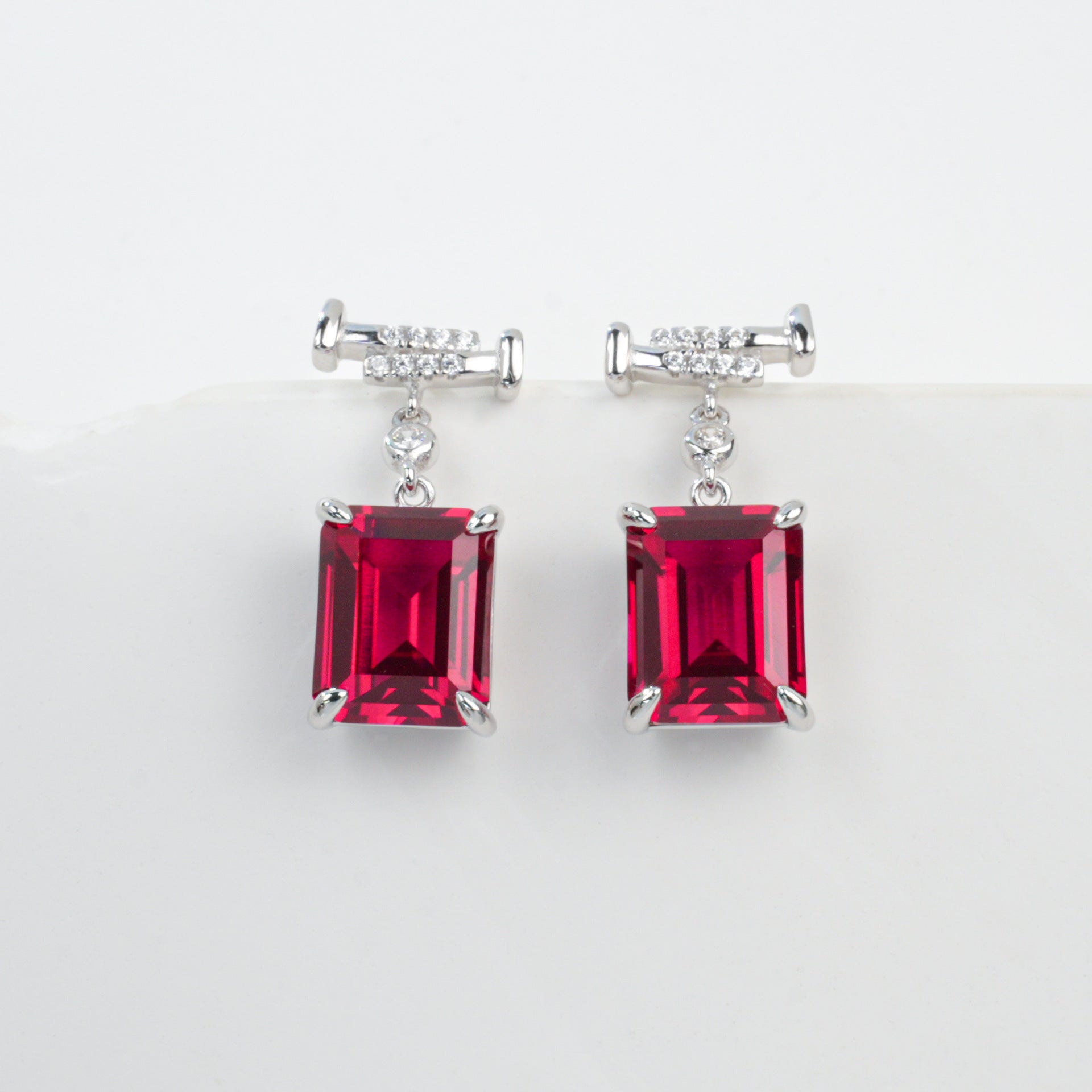 S925 Sterling Silver Lab Ruby Rectangular Earrings, Premium - Photo 5
