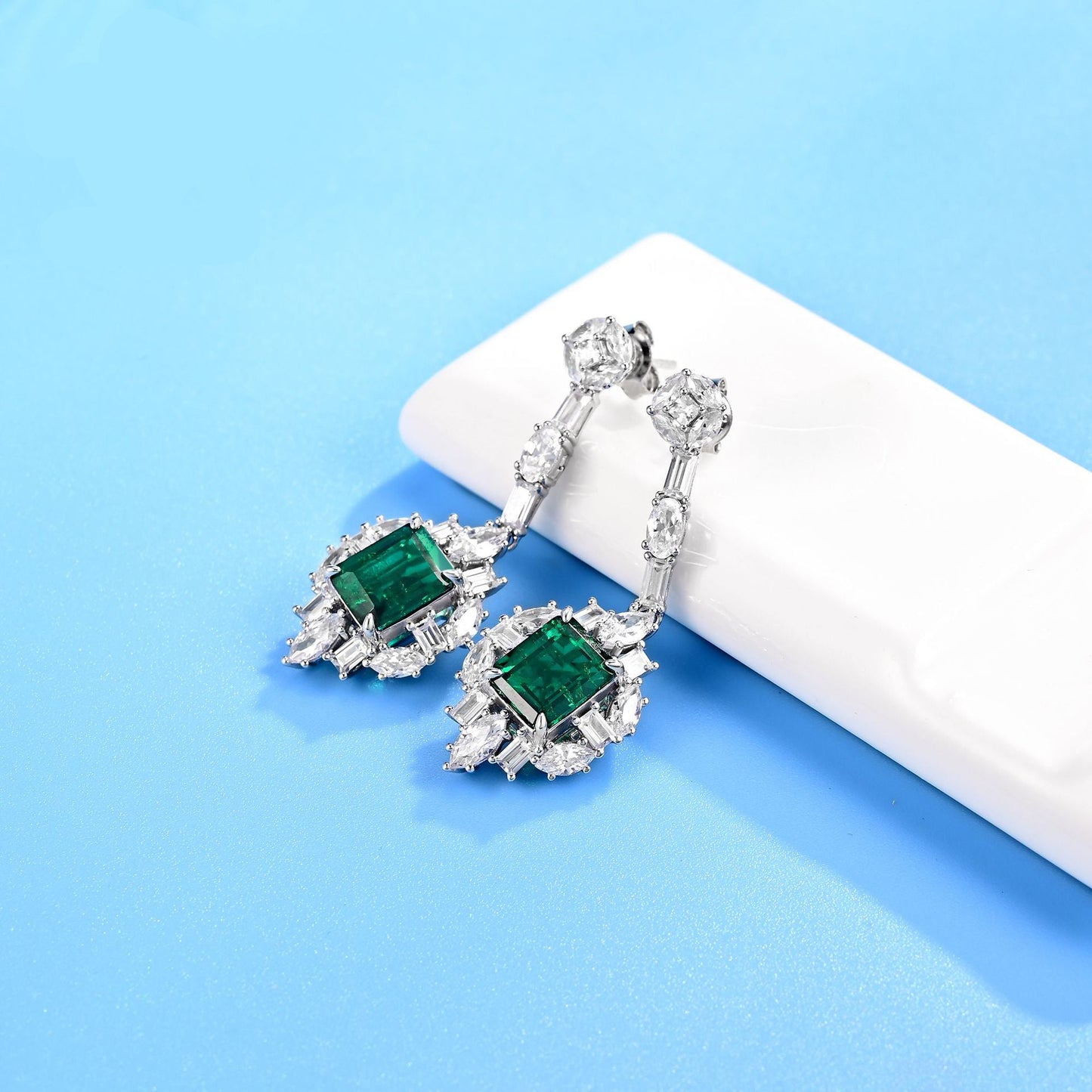 S925 Sterling Silver Lab Emerald Drop Earrings, Full Diamond Emerald - Photo 2
