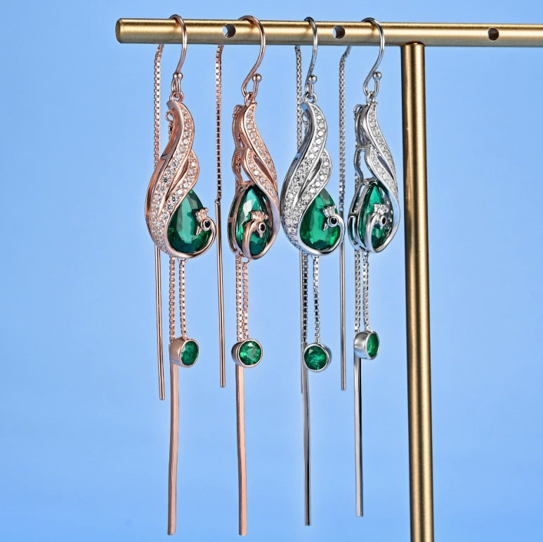 S925 Silver Phoenix Long Tassel Teardrop Lab Emerald Drop Earrings, Vintage Style - Photo 4