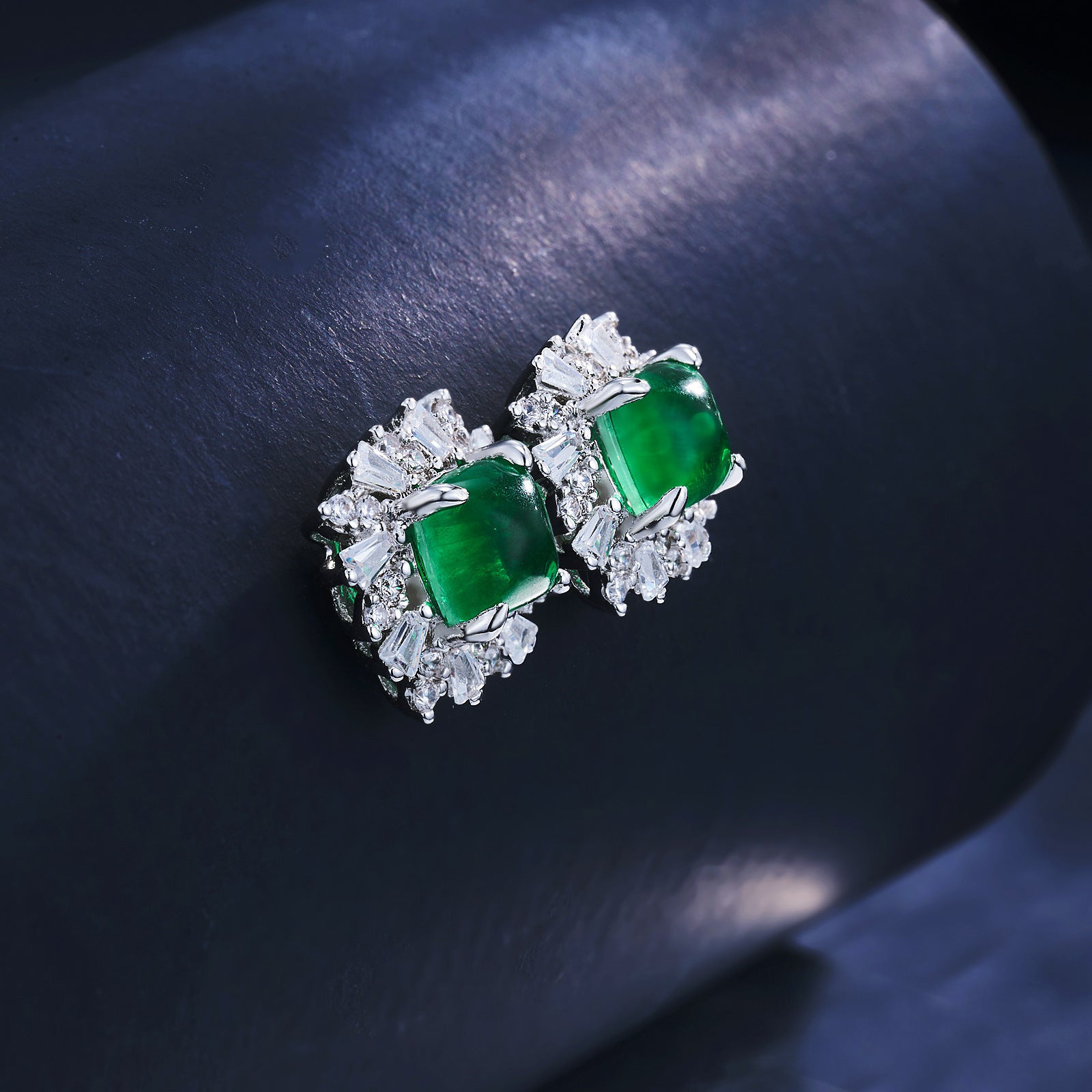 S925 Silver Sugarloaf Lab Emerald Stud Earrings, Sunflower Diamond Halo - Photo 4