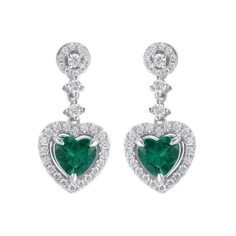S925 Sterling Silver Lab Emerald Heart Halo Long Drop Earrings, for Women - Photo 5