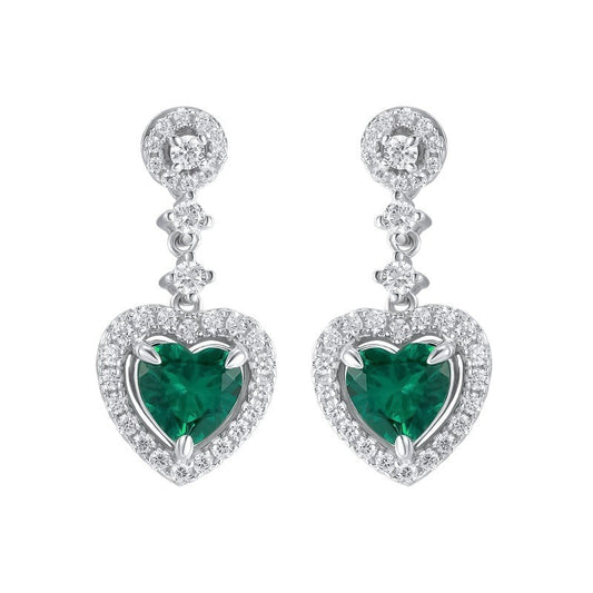 S925 Sterling Silver Lab Emerald Heart Halo Long Drop Earrings, for Women - Photo 5