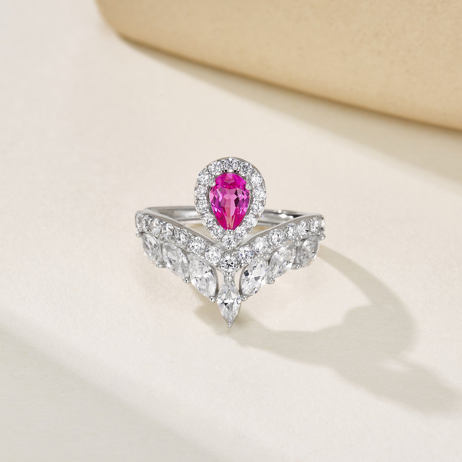 S925 Sterling Silver Lab coloured Gemstone Teardrop Crown Ring, Crown Proposal Birthday - Photo 4