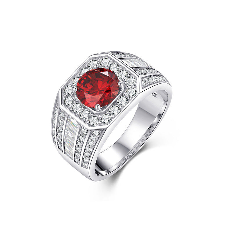 925 Sterling Silver Lab Ruby Men's Ring, Diamond Round Bold - Photo 5