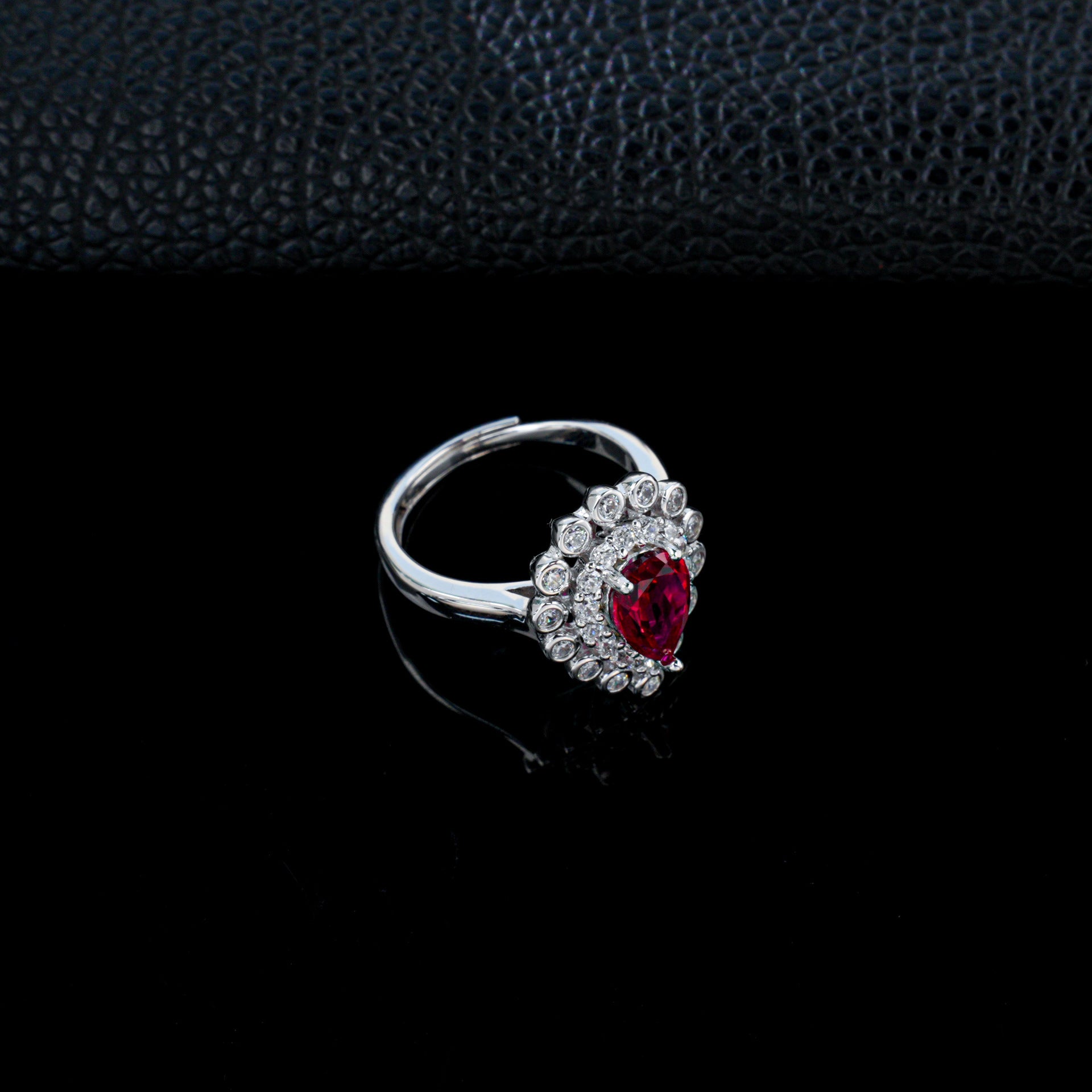 S925 Silver Teardrop Lab Ruby Ring, Teardrop Diamond Halo - Photo 4