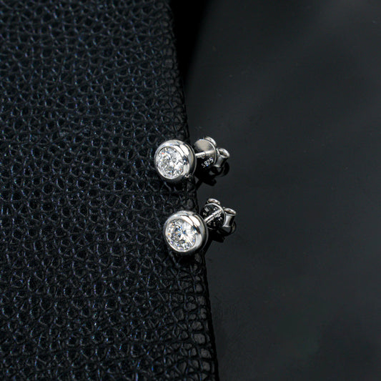 S925 Silver Lab Diamond Bubble Bezel Round Stud Earrings, Simple Natural Versatile - Photo 3