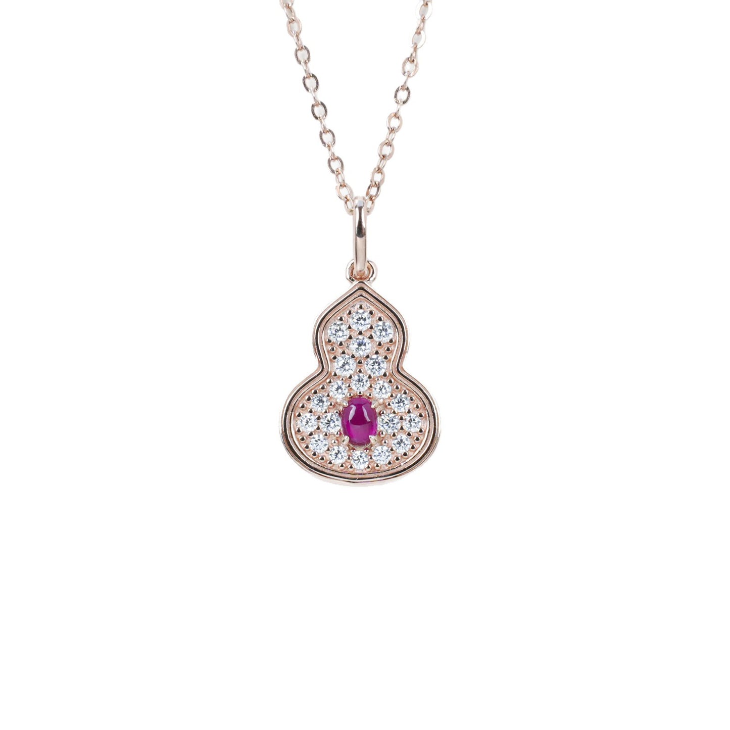 S925 Silver Rose Gold Lab Ruby Gourd Necklace, Style Full Diamond - Photo 5