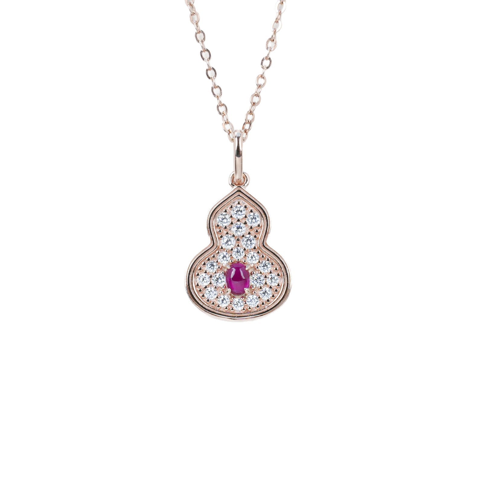 S925 Silver Rose Gold Lab Ruby Gourd Necklace, Style Full Diamond - Photo 5