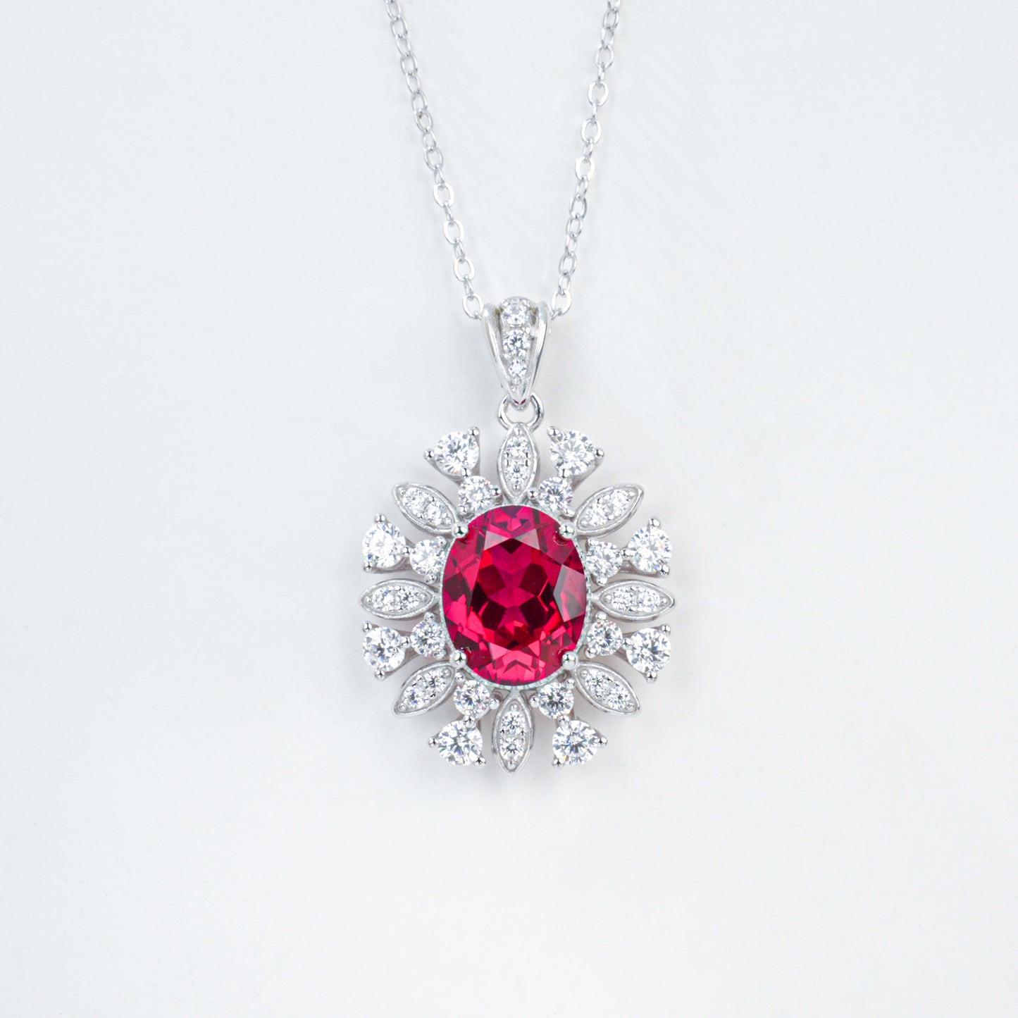 S925 Sterling Silver Lab Ruby Oval Necklace, Elegant Vintage - Photo 5