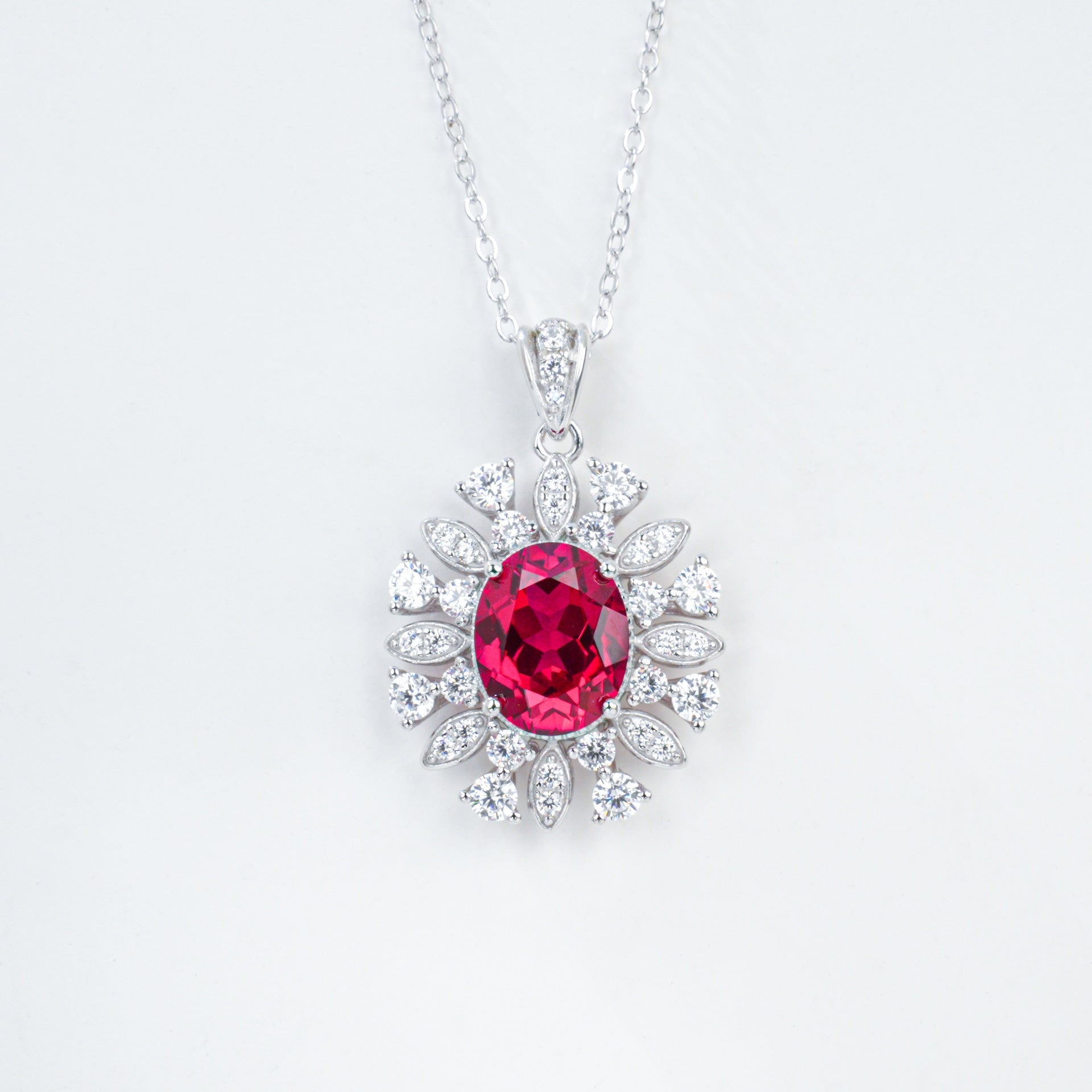 S925 Sterling Silver Lab Ruby Oval Necklace, Elegant Vintage - Photo 5