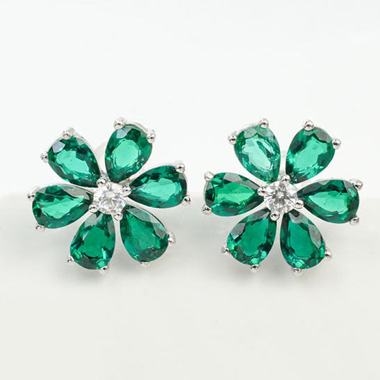925 Sterling Silver Lab Emerald Flower Stud Earrings for Women, Cute Premium - Photo 1