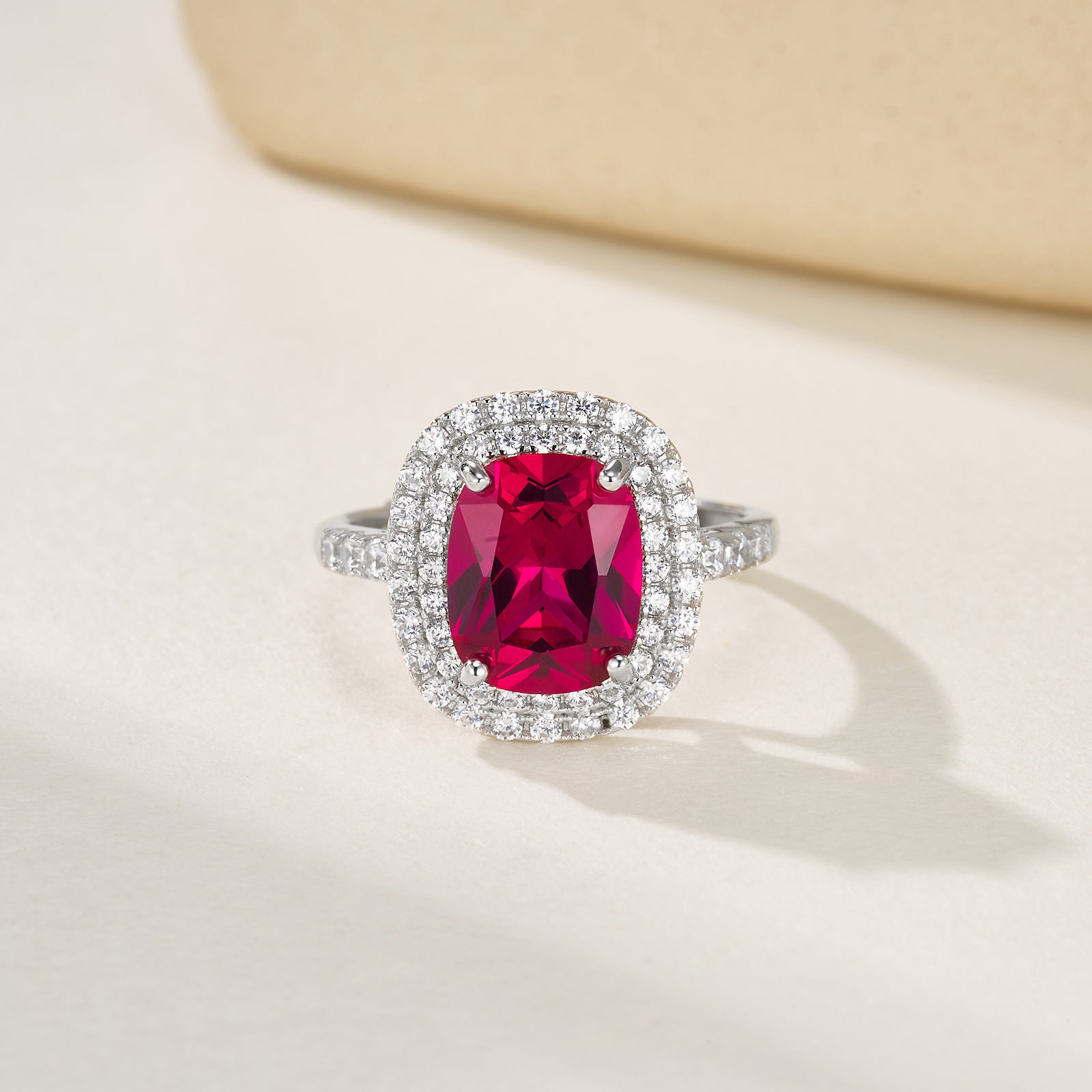 S925 Sterling Silver Lab Pigeon Blood Ruby Square Micro-Pave Ring, Premium for Women - Photo 2