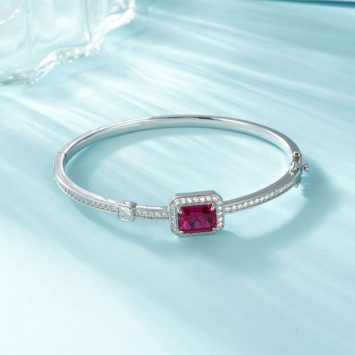 S925 Sterling Silver Lab Ruby Bangle, Square Simple Small - Photo 2