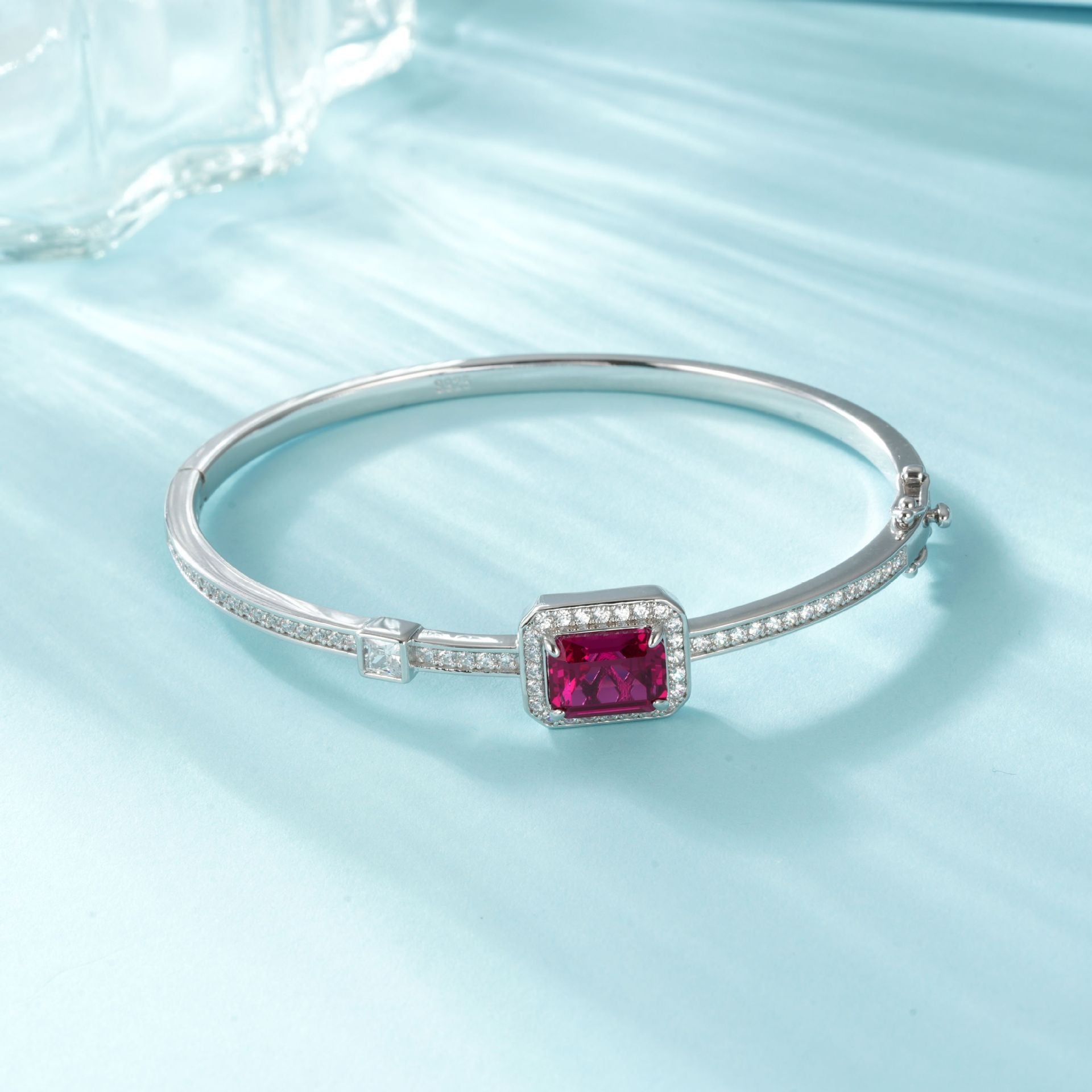 S925 Sterling Silver Lab Ruby Bangle, Square Simple Small - Photo 2