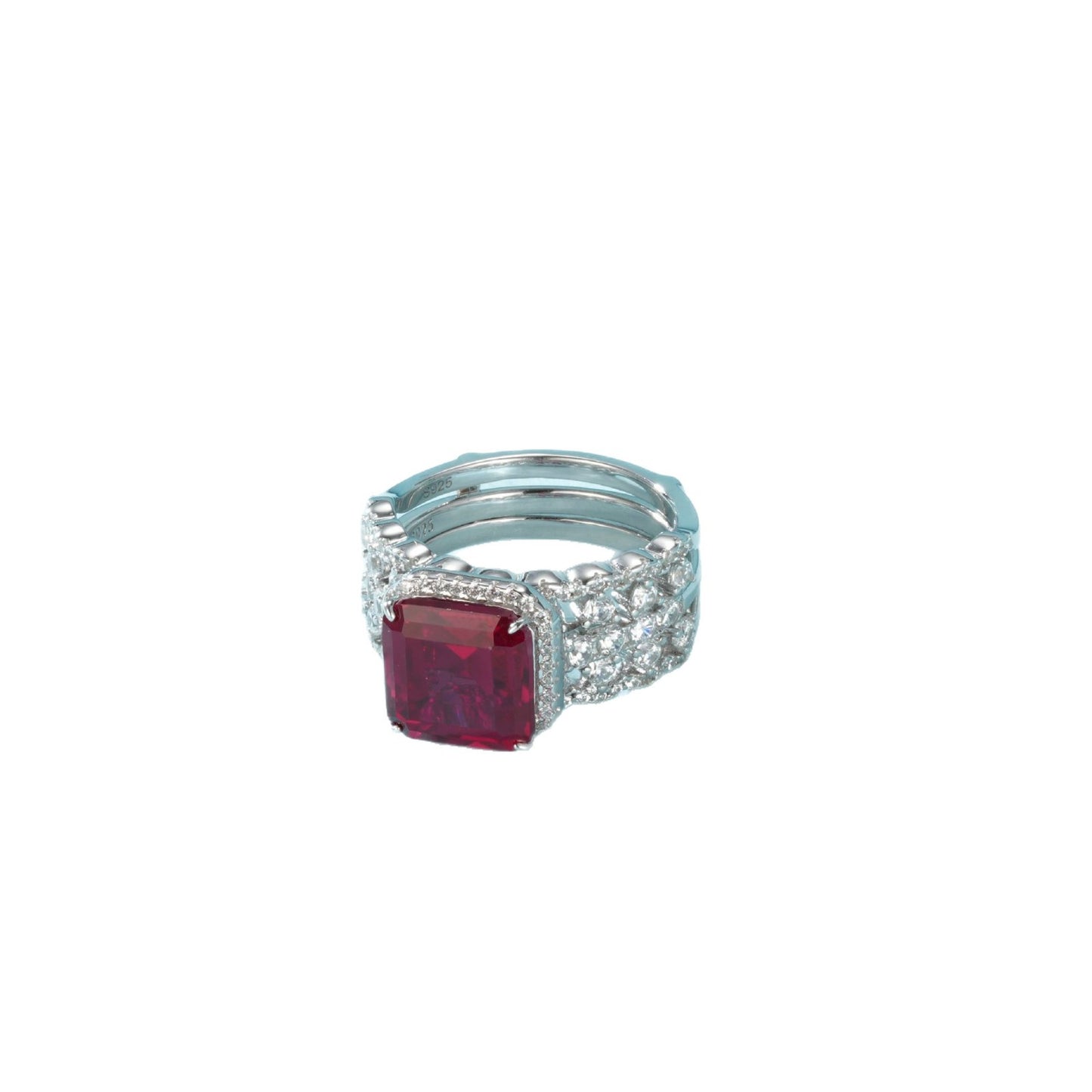 S925 Sterling Silver Square Ruby Ring Double-Layer Stacking, Design Versatile Premium - Photo 5