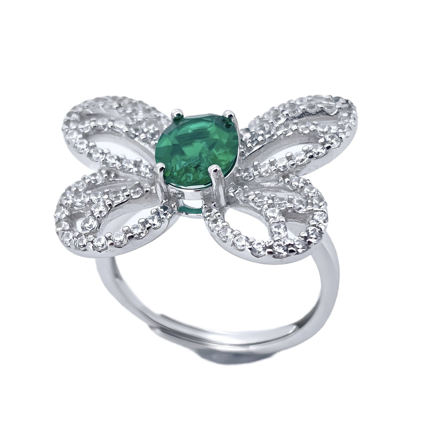 S925 Sterling Silver Lab Emerald Hollow Butterfly Open Ring, Premium - Photo 5