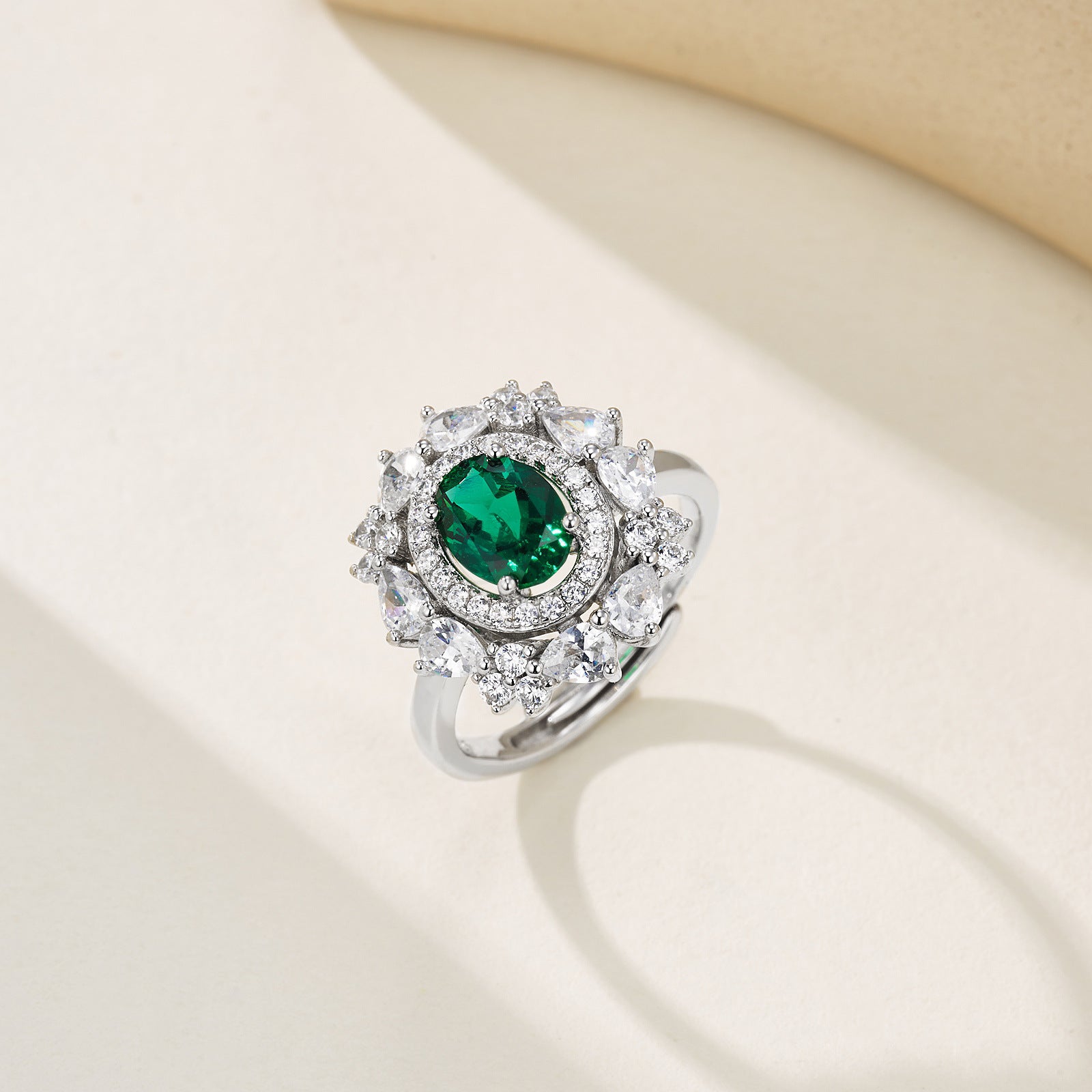 S925 Sterling Silver Lab Emerald Sunflower Halo Open Ring, for Women - Photo 3