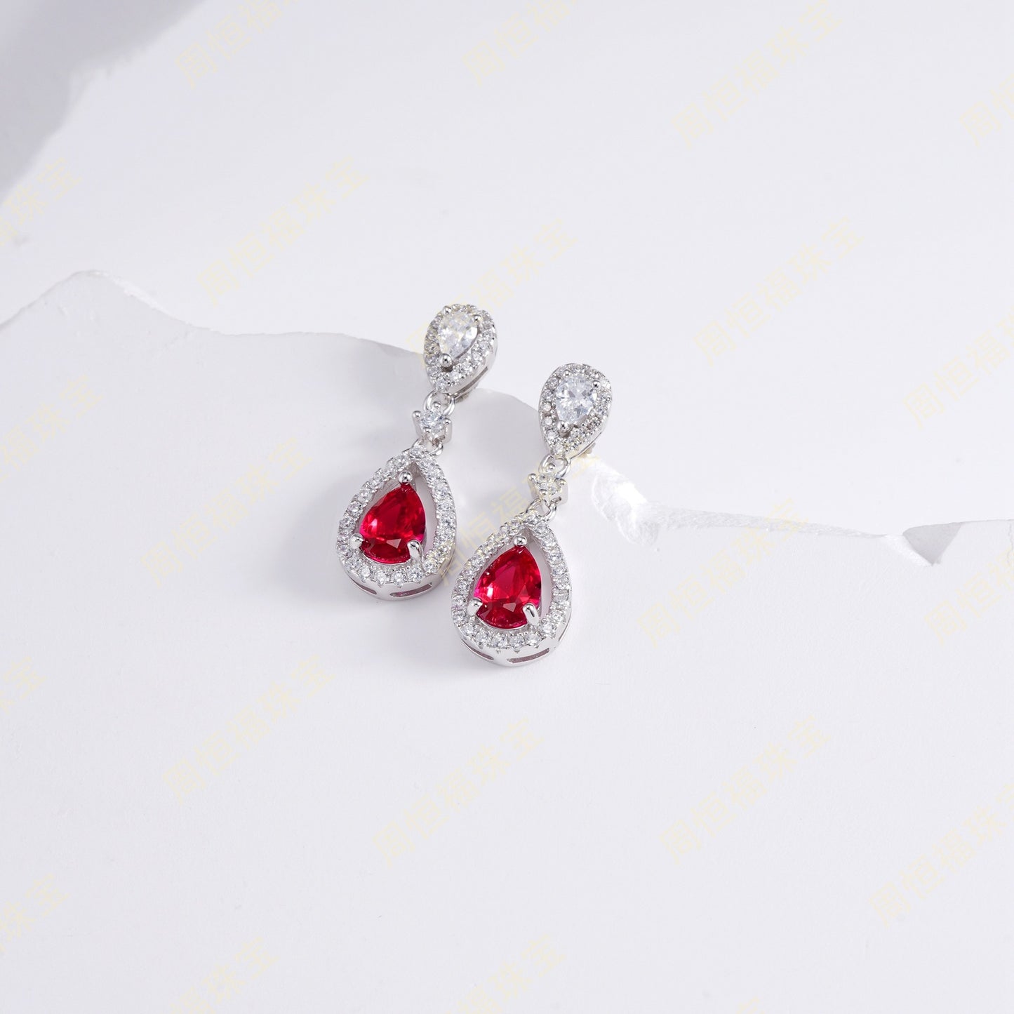 S925 Sterling Silver Lab Ruby Teardrop Full Diamond Earrings - Photo 2