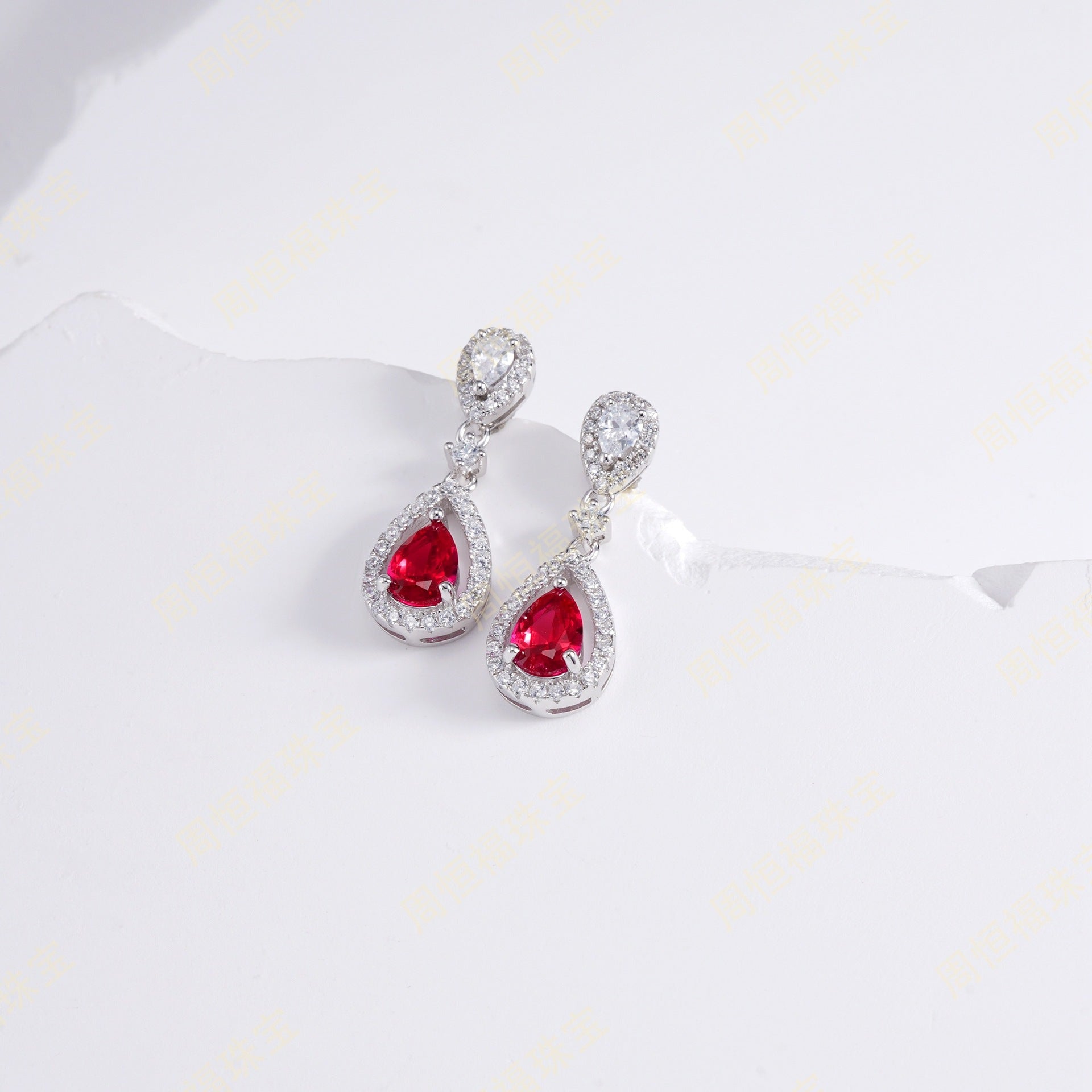 S925 Sterling Silver Lab Ruby Teardrop Full Diamond Earrings - Photo 2