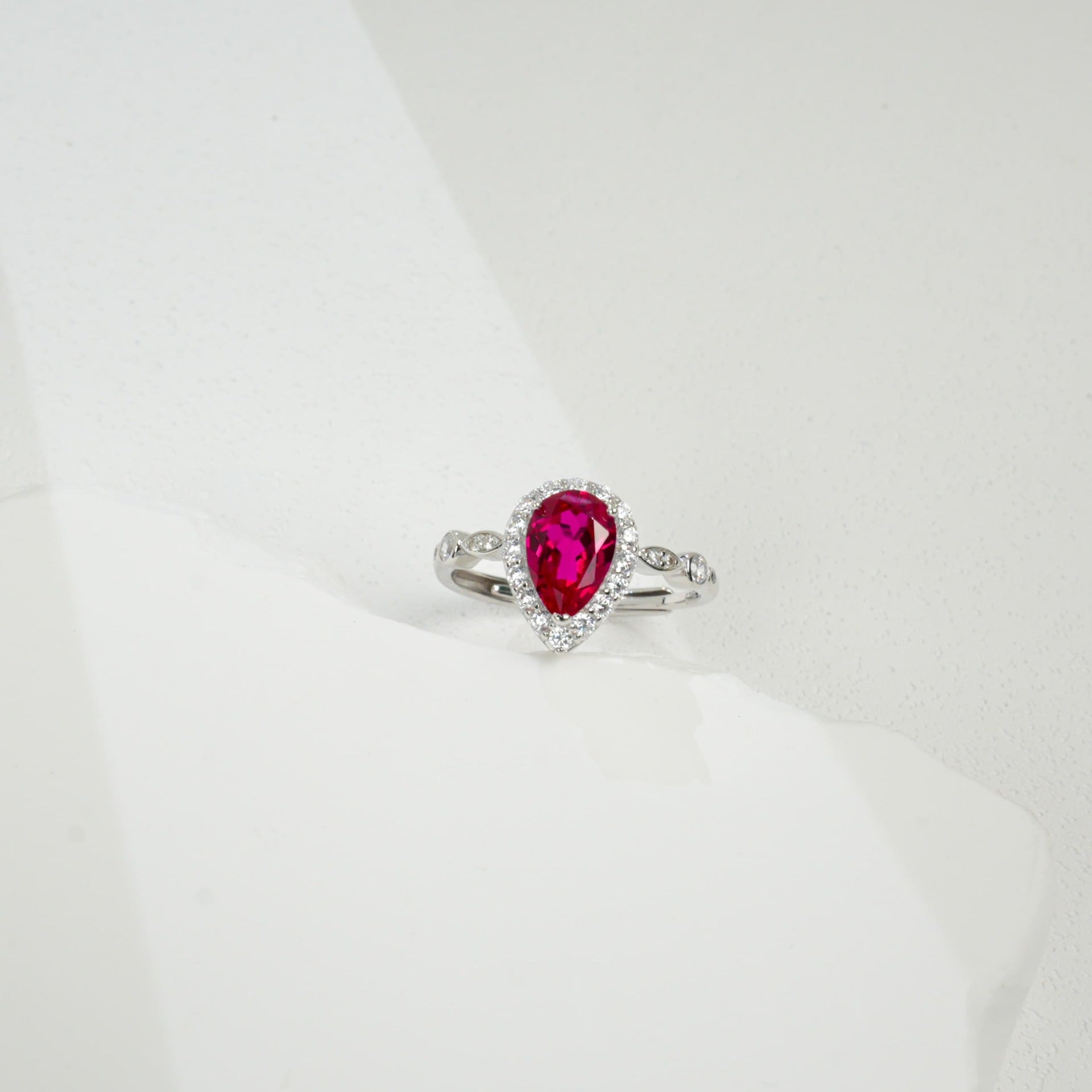 S925 Sterling Silver Lab Ruby Teardrop Pave Pear Ring, for Women - Photo 4