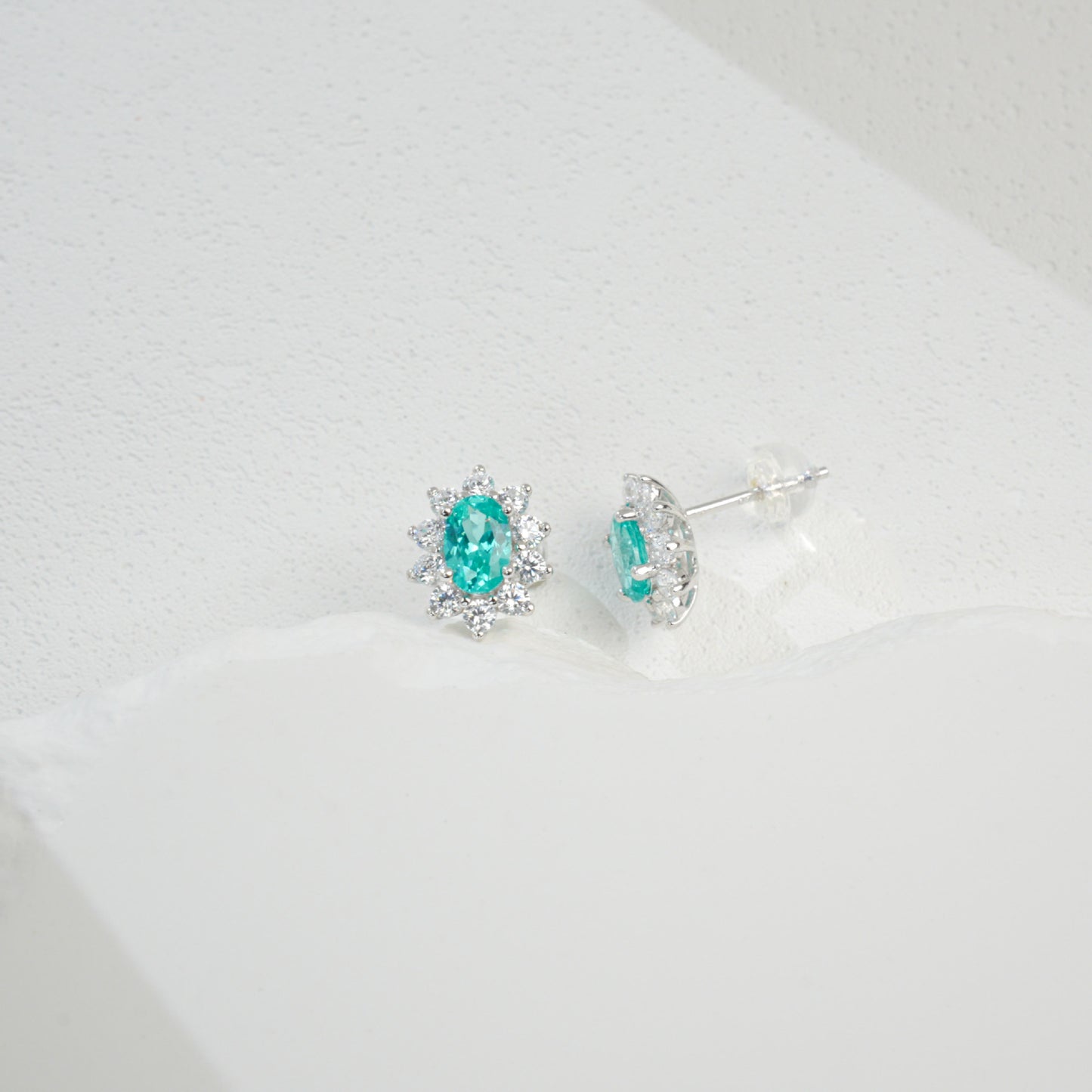 S925 Silver Oval Lab Paraiba Tsavorite Sunflower Halo Stud Earrings, Versatile - Photo 4