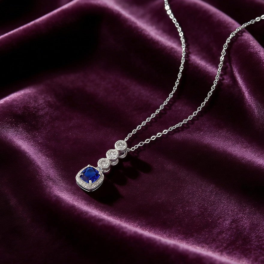 S925 Sterling Silver Royal Blue Lab Sapphire Three-Layer Round Pave Necklace, Premium for Women - Photo 2