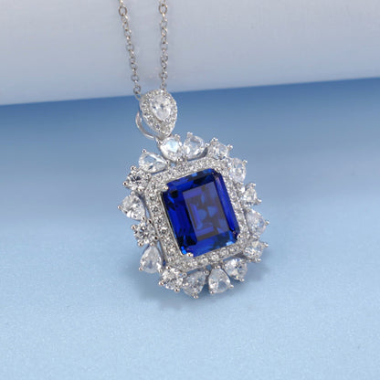 S925 Sterling Silver Lab Sapphire Necklace Square Premium - Photo 6