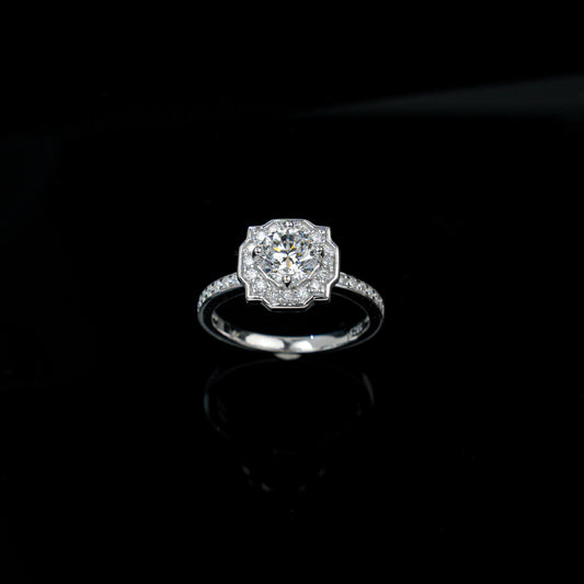 S925 Silver Lab Diamond Four-Point Star Scalloped Halo Ring, Full Diamond Proposal - Photo 3