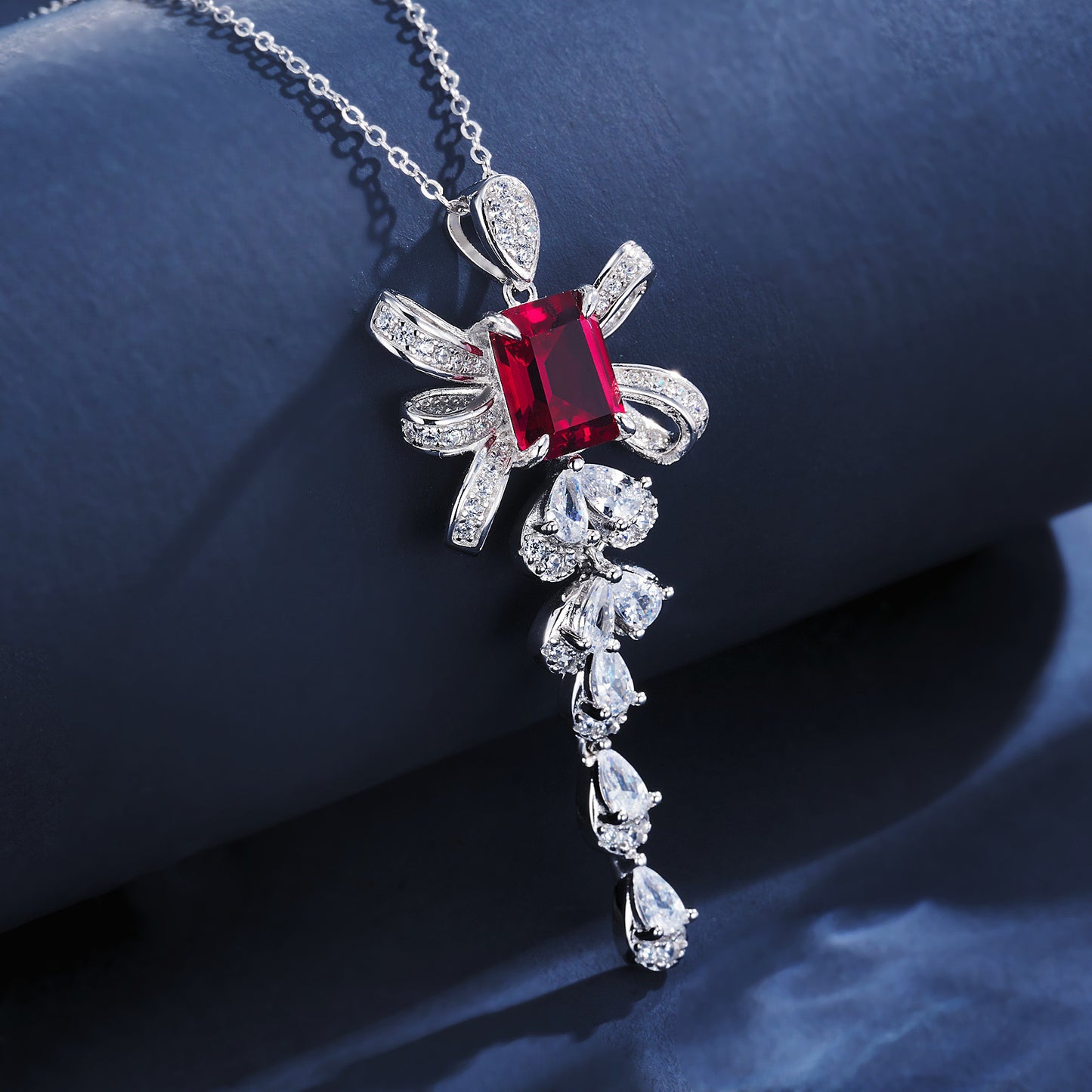 Bow Long Lab Pigeon Blood Ruby Necklace S925 Silver Choker Women - Photo 2