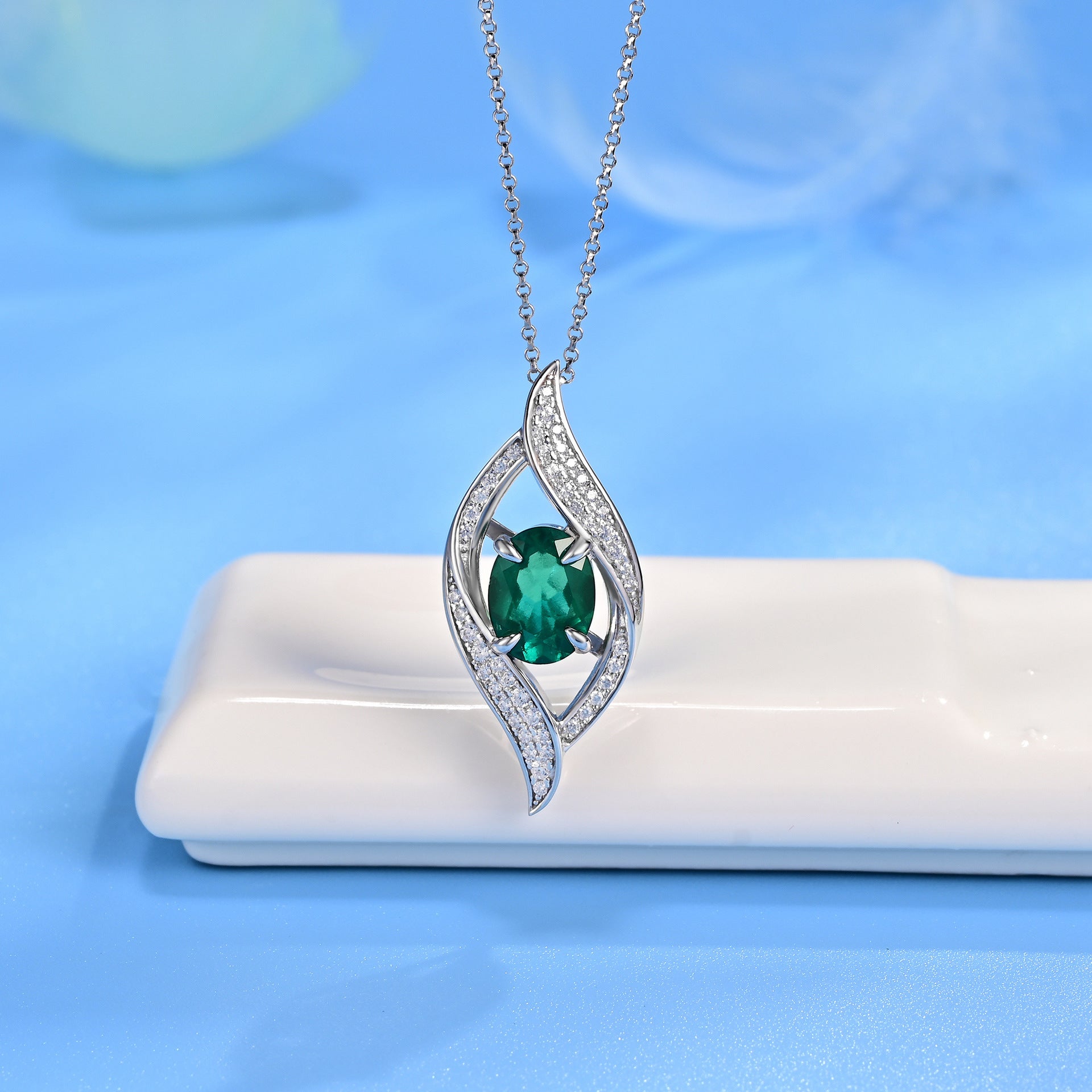 S925 Silver Necklace Emerald Pendant Diamond Chain, Premium Holiday Gift - Photo 3
