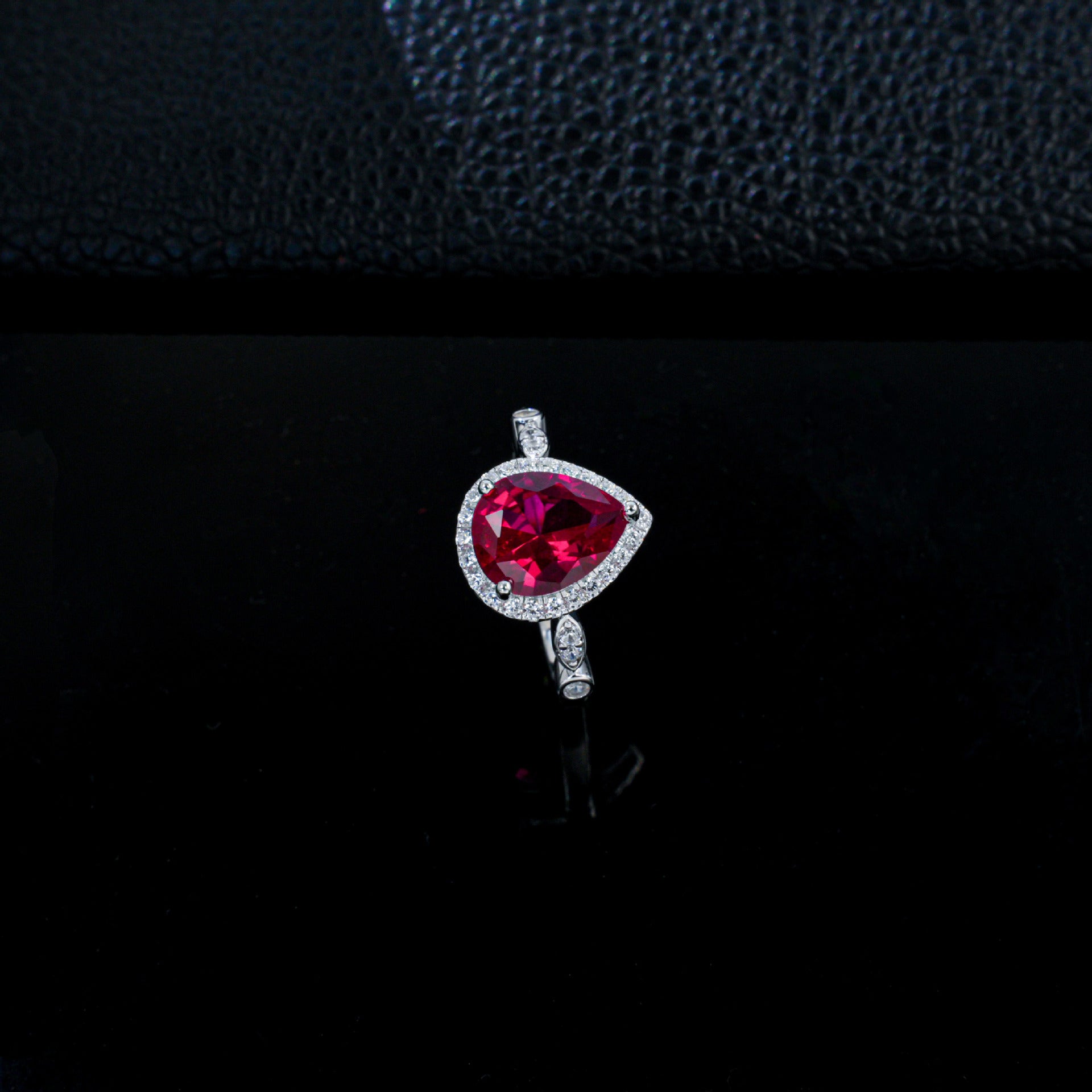 Teardrop Lab Ruby Ring 925 Silver Diamond Design, Premium Proposal Engagement - Photo 4
